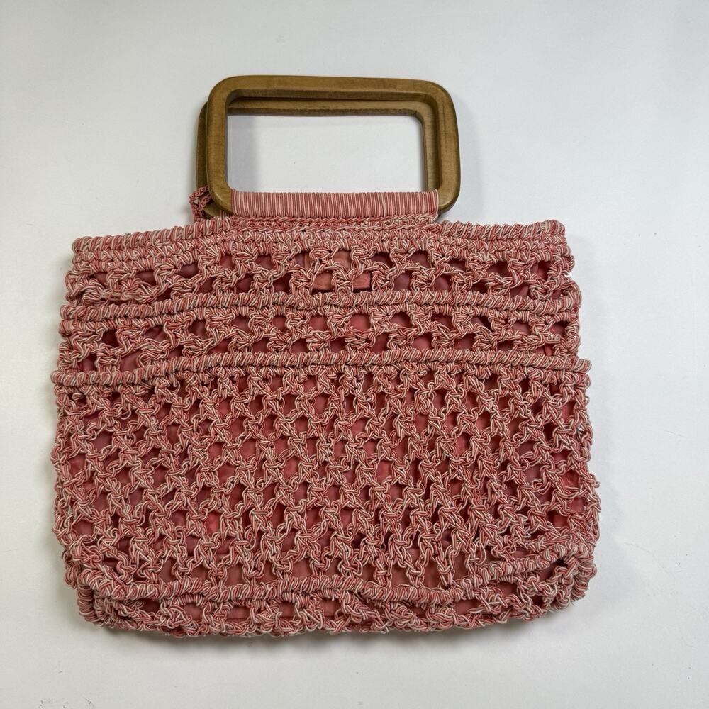 NWT Vintage Crochet Knit Pink Handbag Wooden Handle 12x10x2 Purse Boho Hippie - Picture 8 of 8